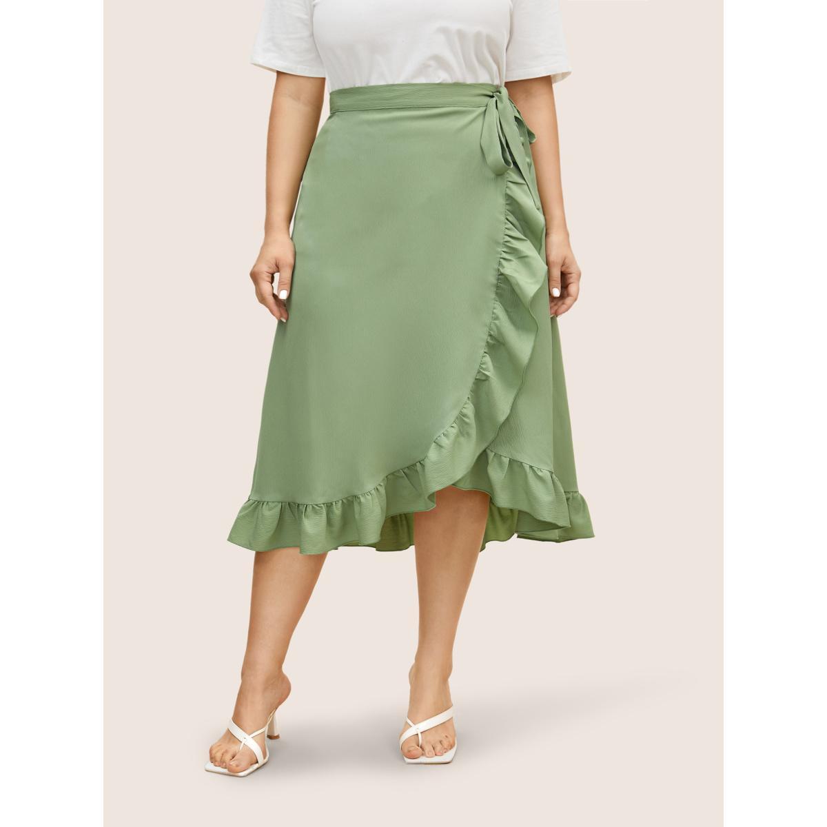 Plus Size Plain Ruffle Trim Tie Knot Skirt Women Palemauve Elegant Asymmetrical No stretch Everyday Skirts BloomChic 18-20/2X Product Image