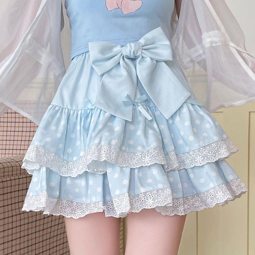 Elastic Waist Dotted Bow Tiered Lace Trim Mini A-Line Skirt Product Image
