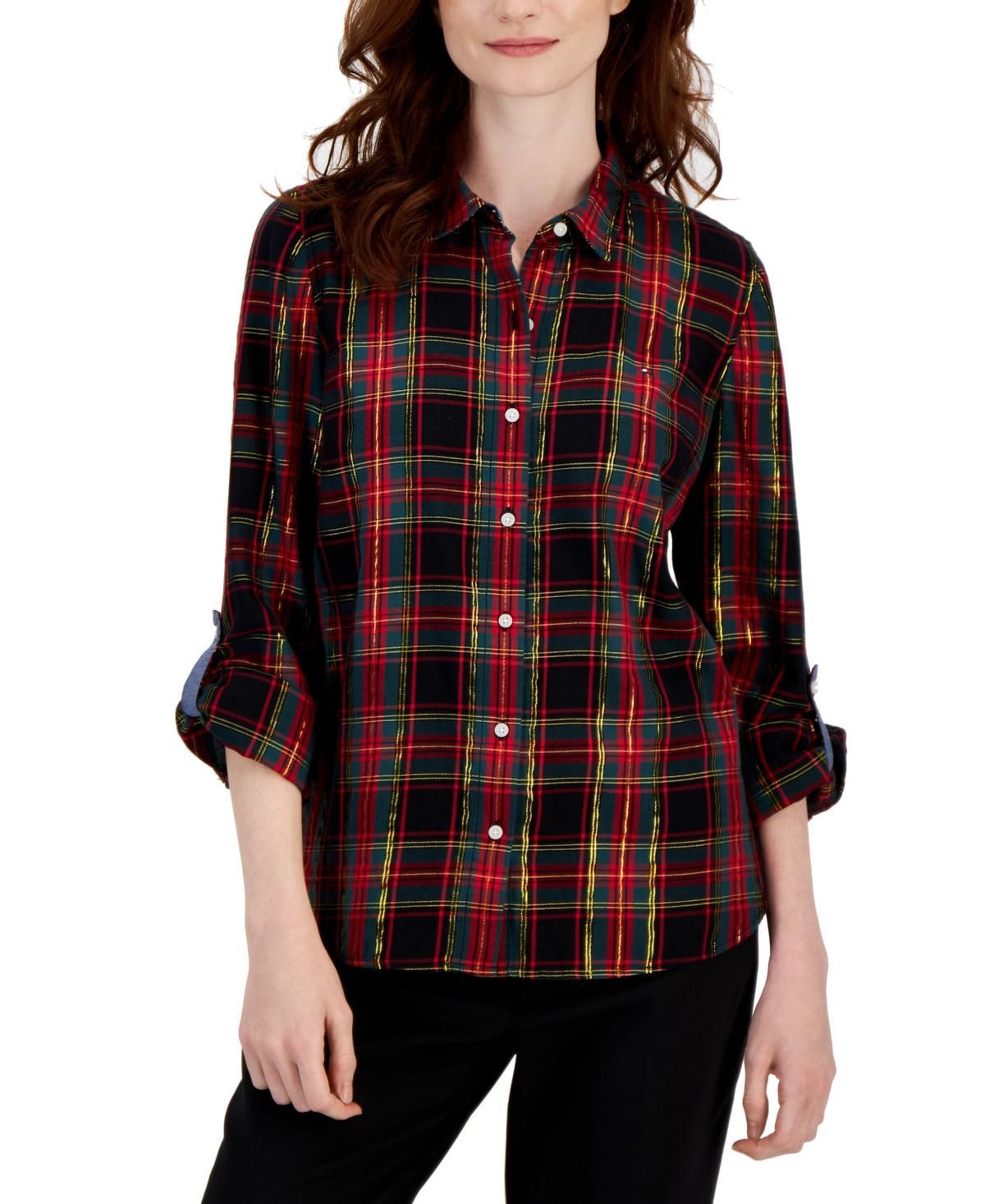 Tommy Hilfiger Tartan Roll Tab Top (Tinsel Tarten/Bright Multi) Women's Clothing Product Image