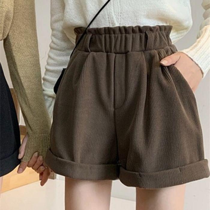 High Waist Plain Roll Up Hem Corduroy Wide Leg Shorts / Belt / Set Product Image