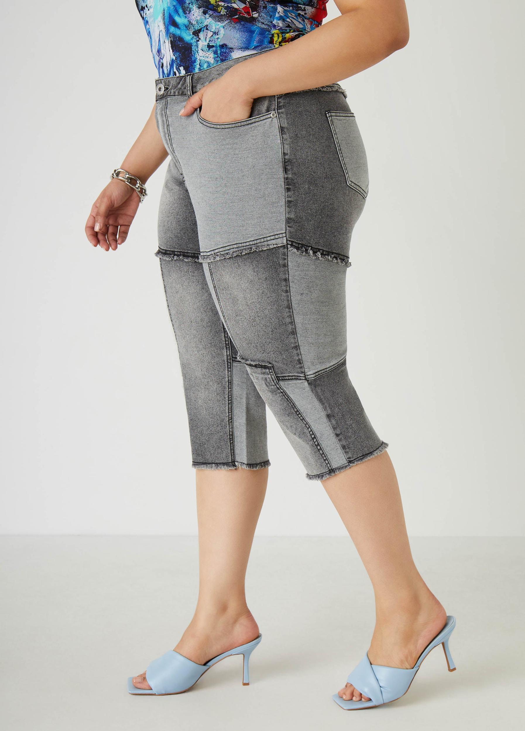Frayed Patchwork Denim Capris Product Image