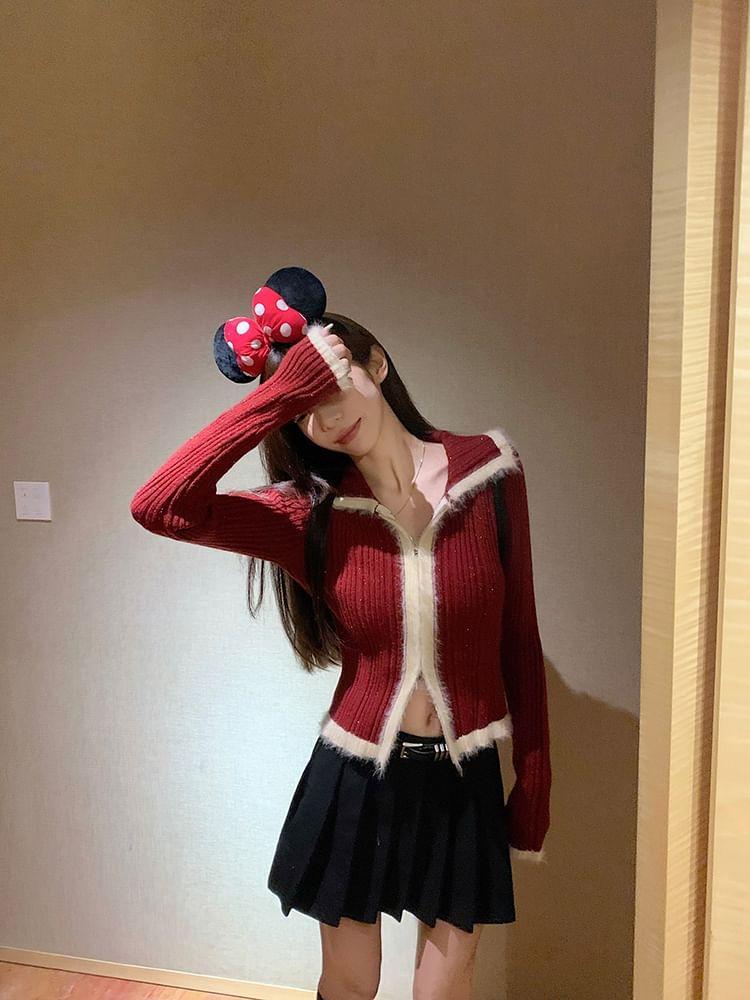 Glitter Contrast Trim Ribbed Zip Cardigan Product Image