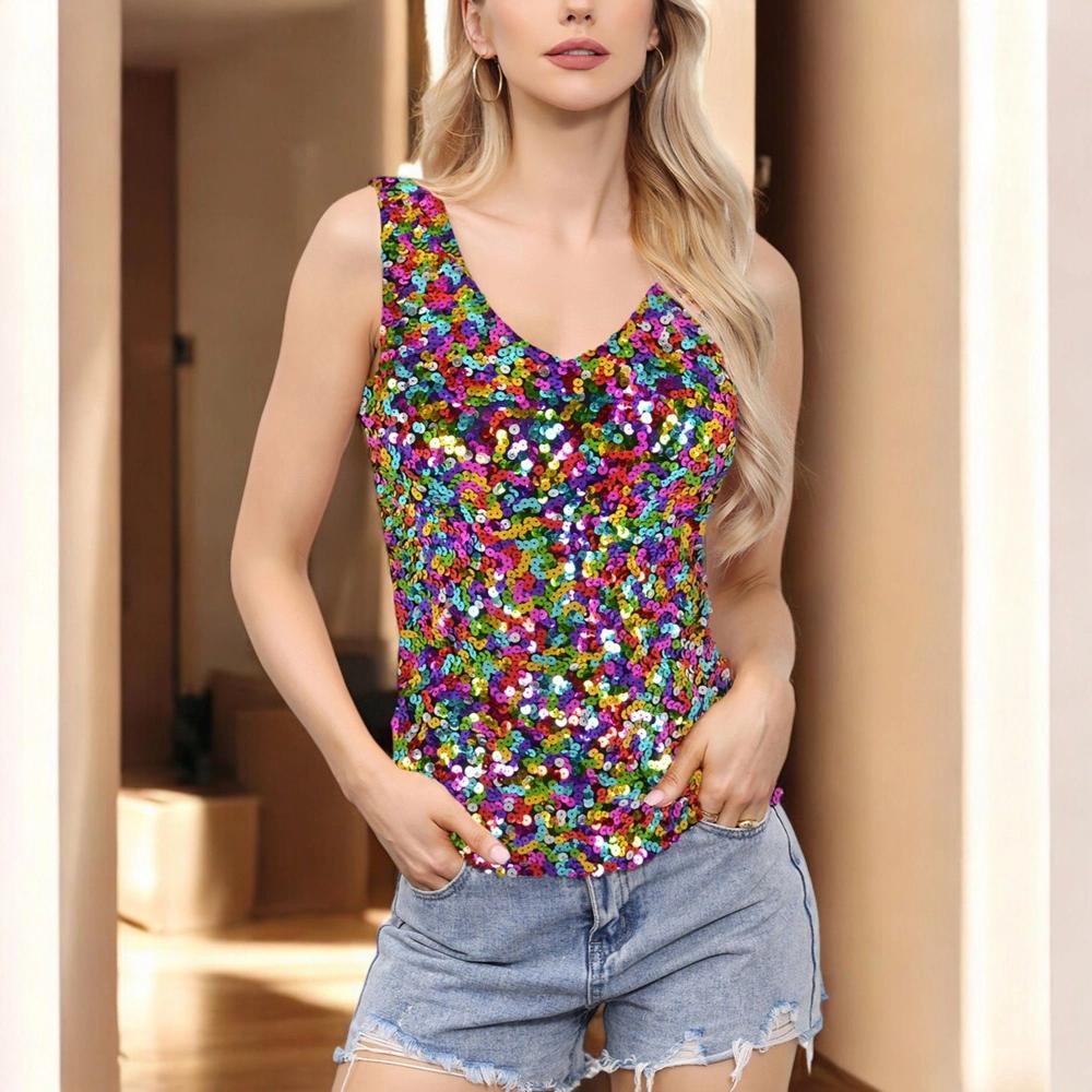Anna-Kaci Women's Sleeveless Sequin Tank Top V-Neck Sparkly Party Shirt - Large, Multicolor Product Image