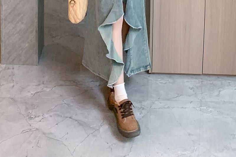 High Rise Washed Denim Maxi Fishtail Skirt Product Image