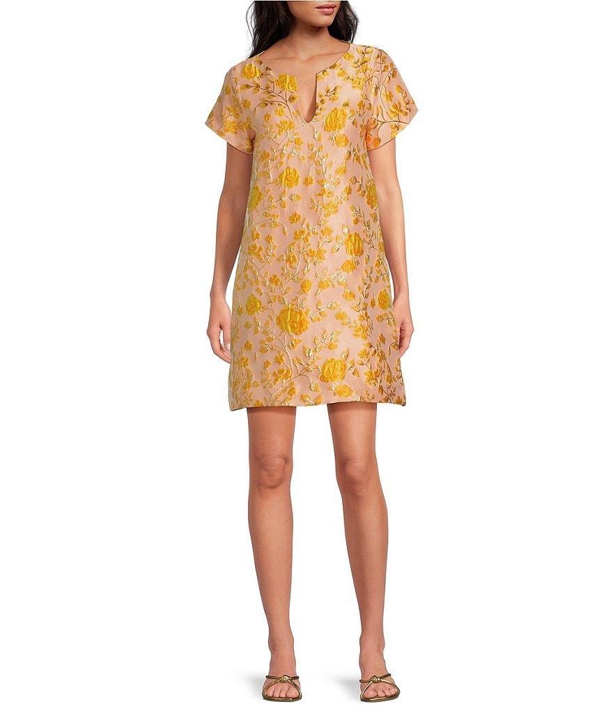 Abbey Glass Lulu Jacquard V-Neck Short Sleeve Mini Shift Dress Product Image
