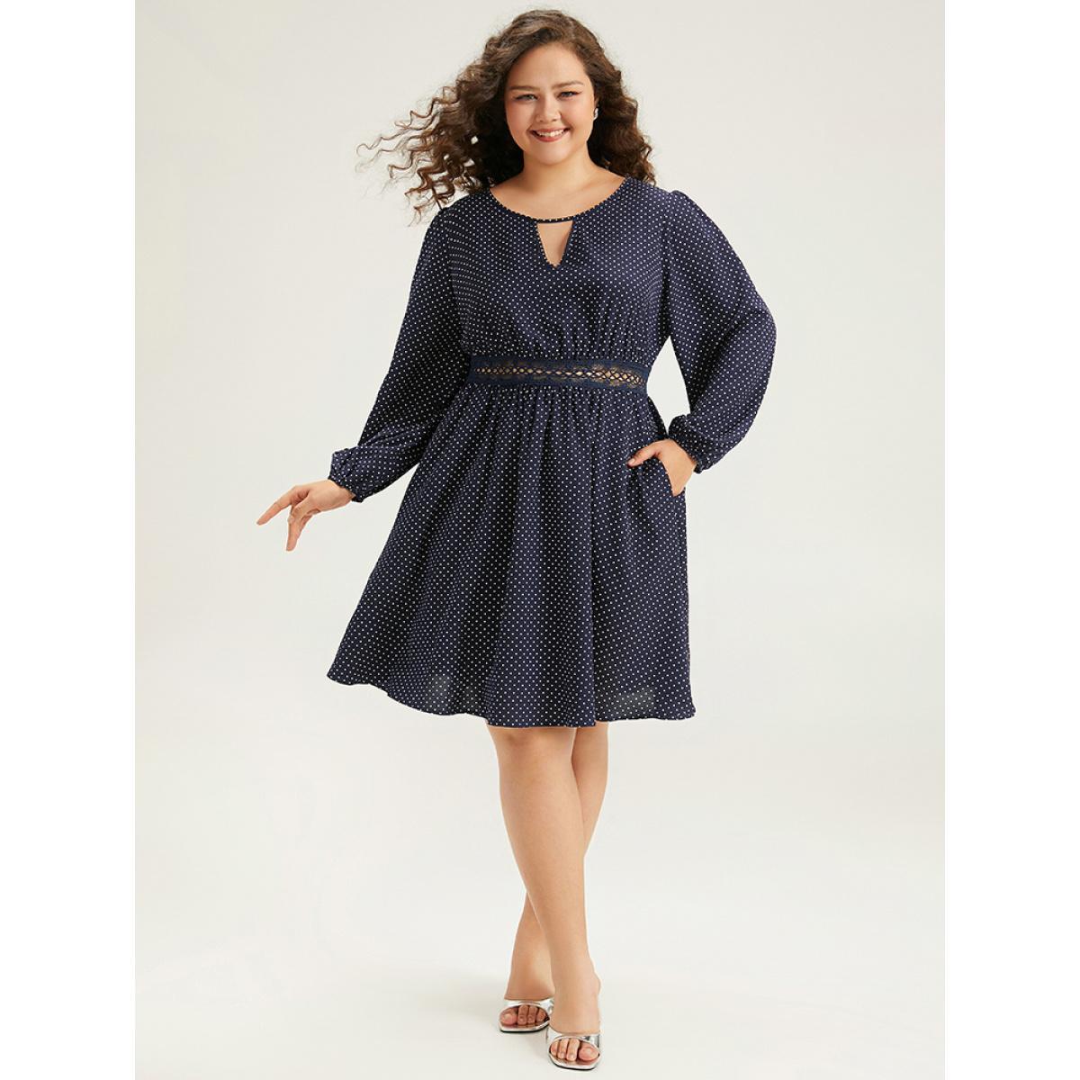 Plus Size Polka Dot Keyhole Lace Panel Dress Indigo Women Office Elastic cuffs Keyhole Cut-Out Long Sleeve Curvy Knee Dress BloomChic 28/5X Product Image