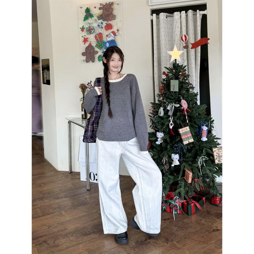 Crew Neck Plain Lace Trim Sweater Product Image