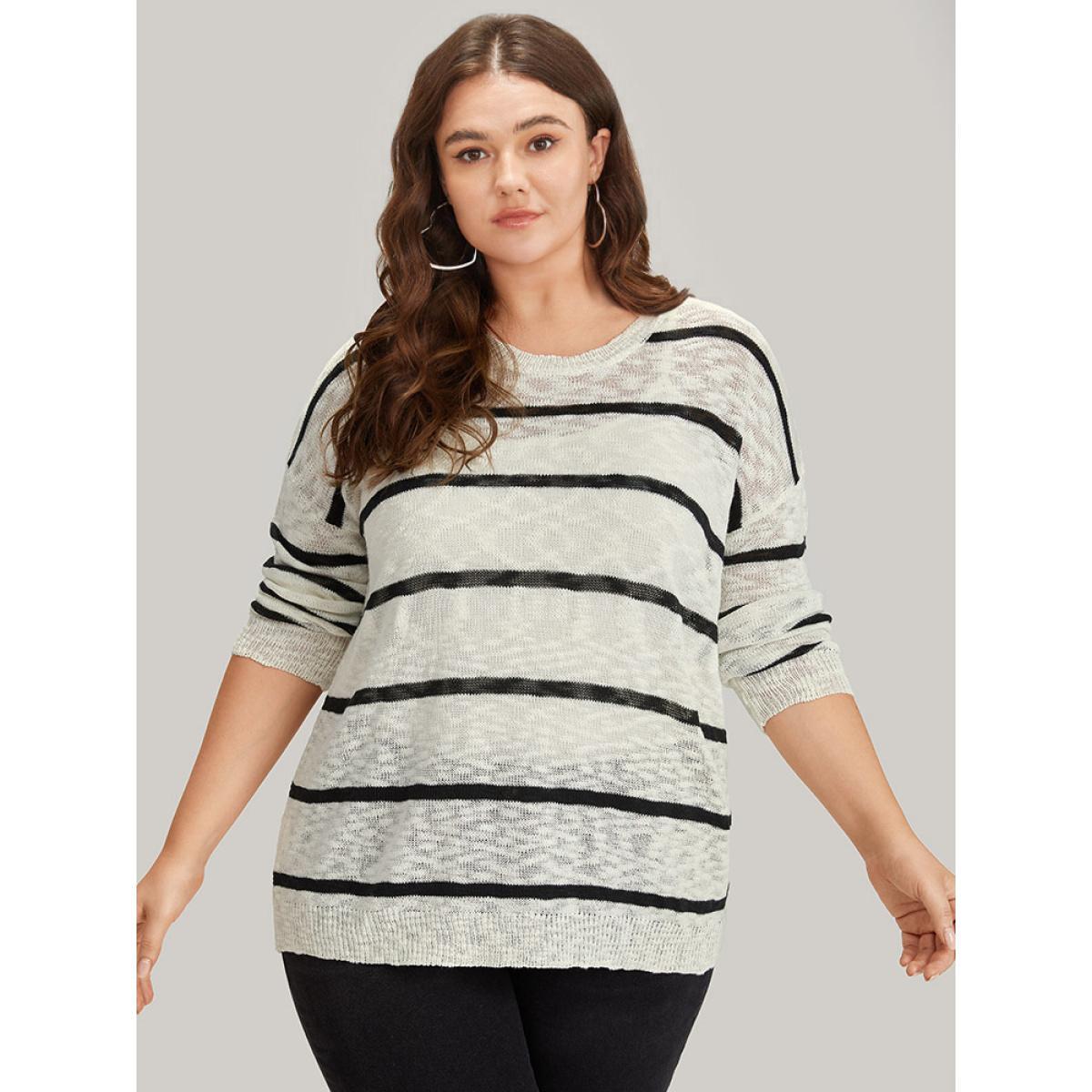 Plus Size Striped Drop Shoulder Lightweight Loose Pullover Beige Women Casual Loose Long Sleeve Round Neck Everyday Pullovers BloomChic 26/4X Product Image