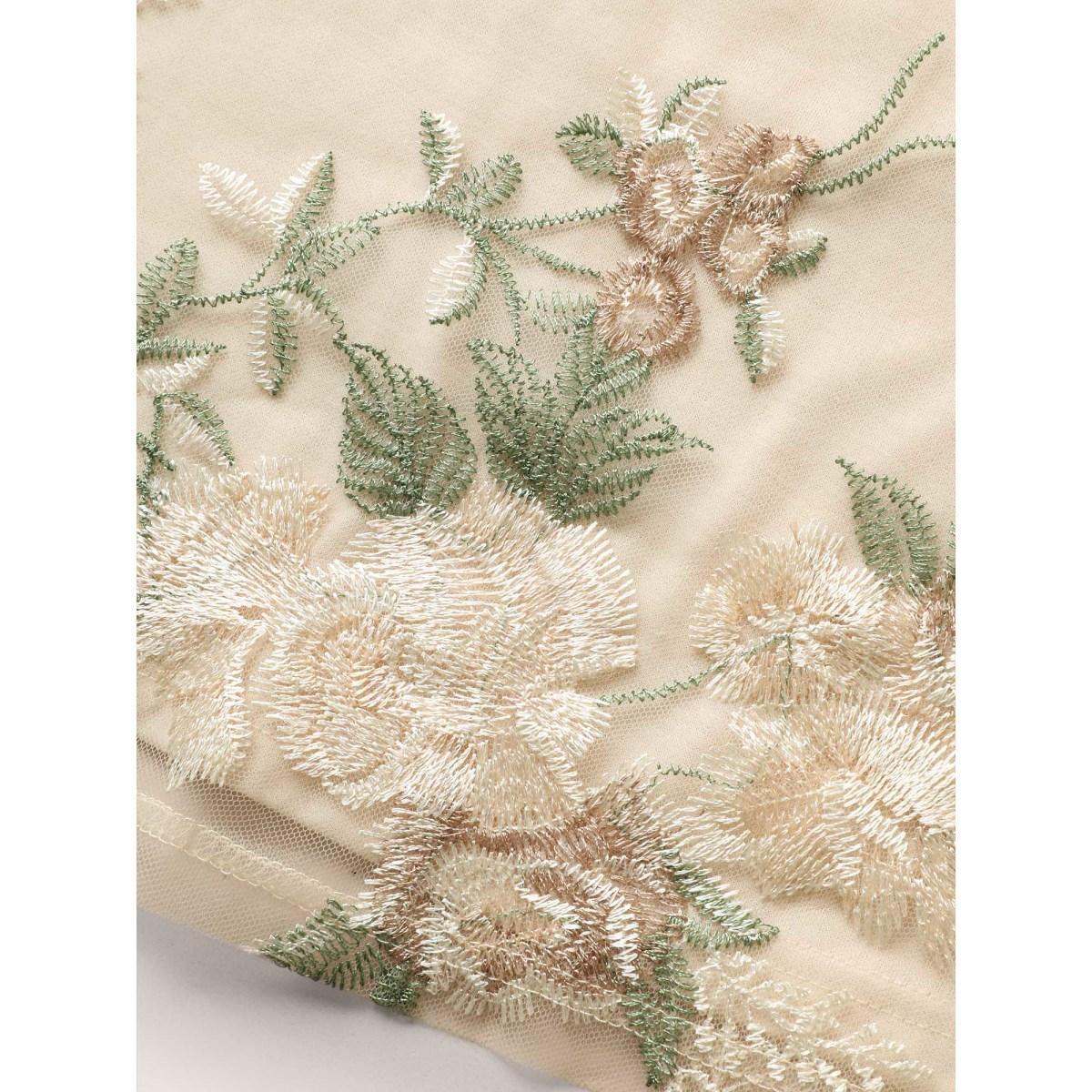 Plus Size Floral Mesh Embroidered Pompom Trim T-shirt Beige Women Elegant Contrast Natural Flowers V-neck Everyday T-shirts BloomChic 22-24/3X Product Image