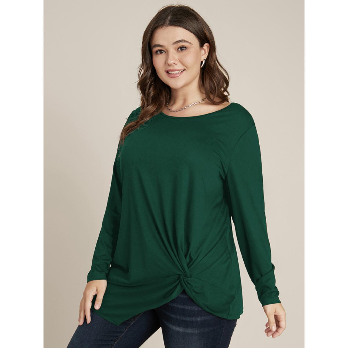 Plus Size Solid Round Neck Twist Front Long Tee DarkGreen Women Elegant Plain Plain Round Neck Dailywear T-shirts BloomChic 26/4X Product Image