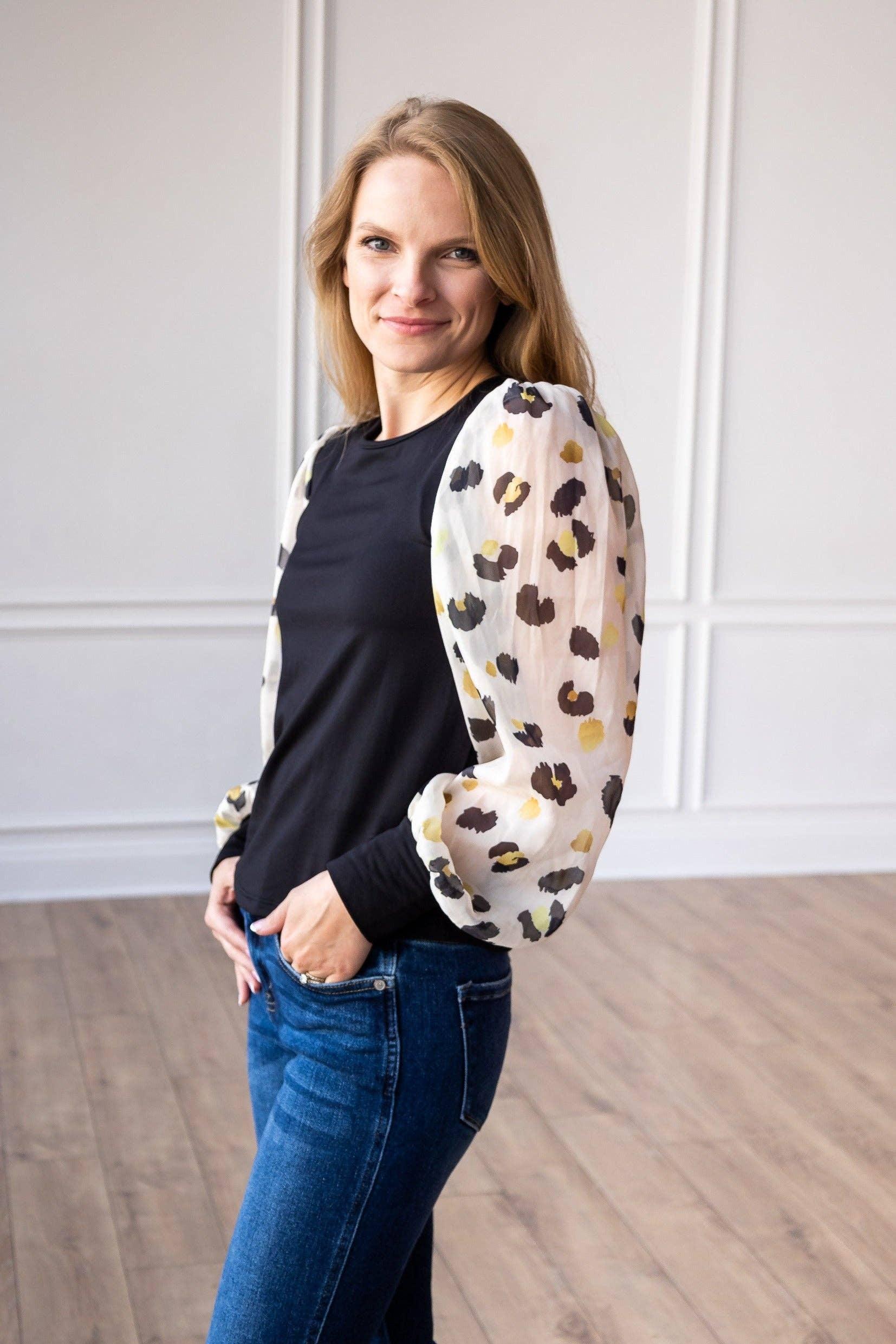 Leopard Dream Balloon Sleeve Top: Black Product Image