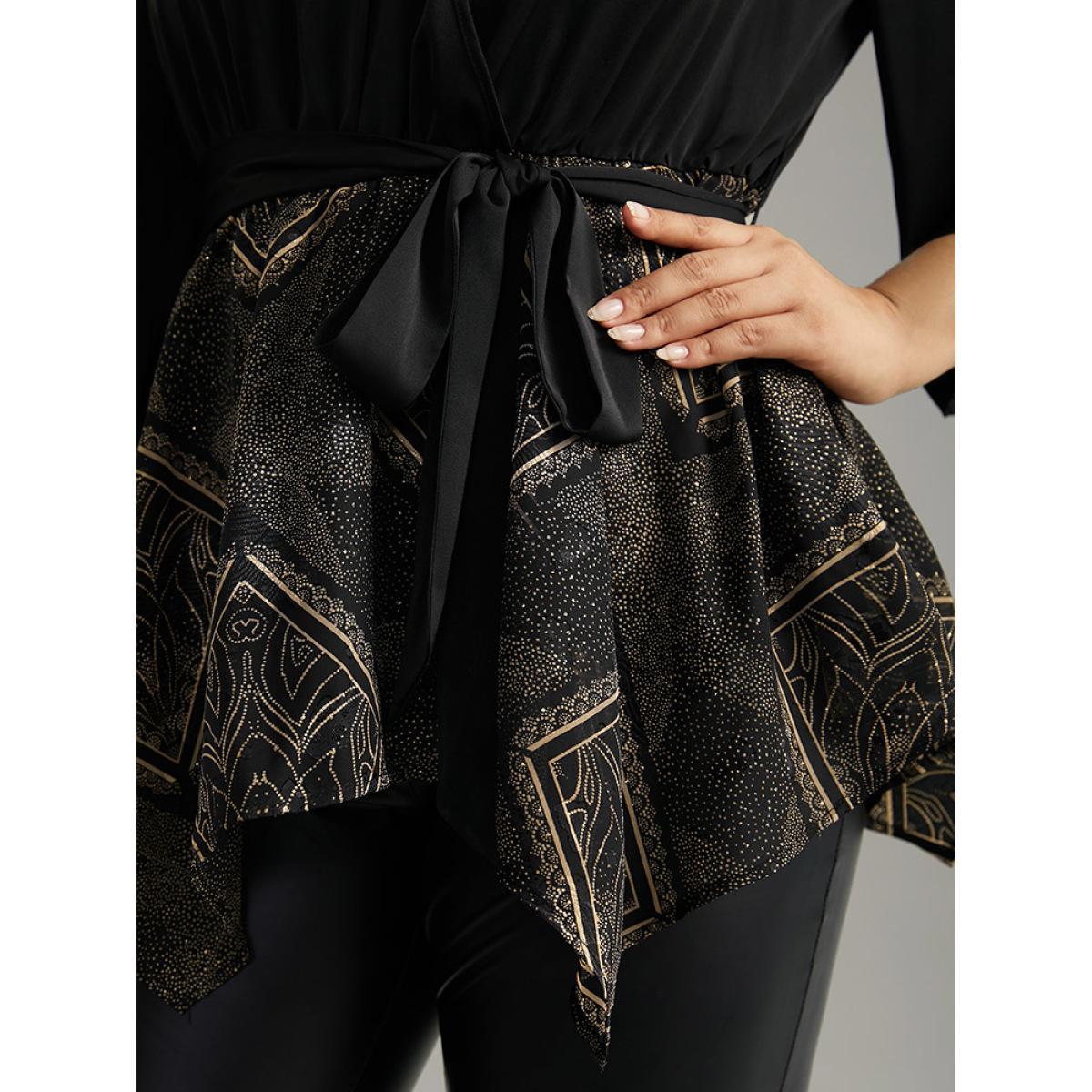 Plus Size Black Boho Print Chiffon Belted Patchwork Hanky Hem Blouse Women Glamour Elbow-length sleeve V-neck Going out Blouses BloomChic 28/5X Product Image