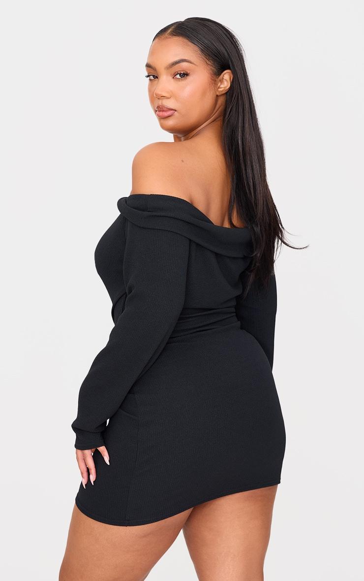 Plus Black Twist Front Bardot Ribbed Mini Dress Product Image