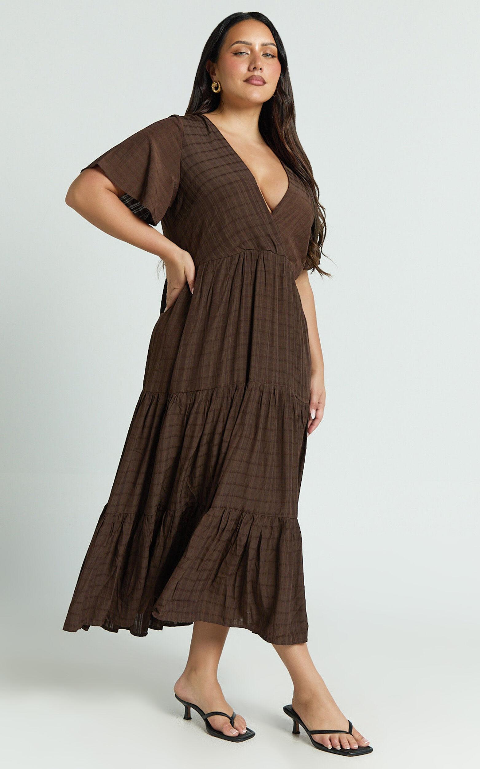 Cryzel Midi Dress - Flutter Sleeve Tiered Dress in Chocolate Product Image
