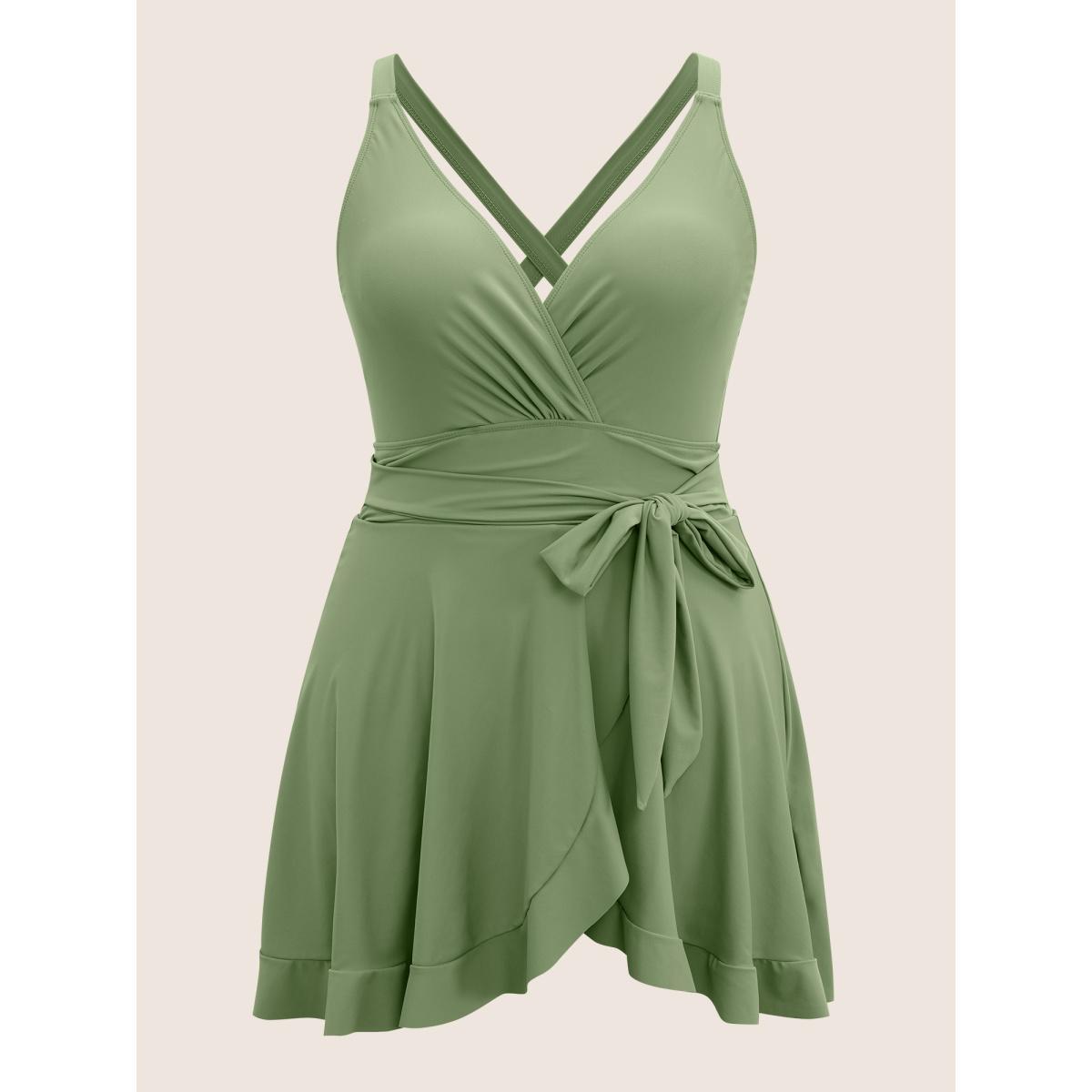 Plus Size Plain Ties Wrap Flutters Swim Dress Women's Swimwear Moss Beach Bodycon Overlap Collar High stretch Curve Swim Dresses BloomChic 28/5X Product Image