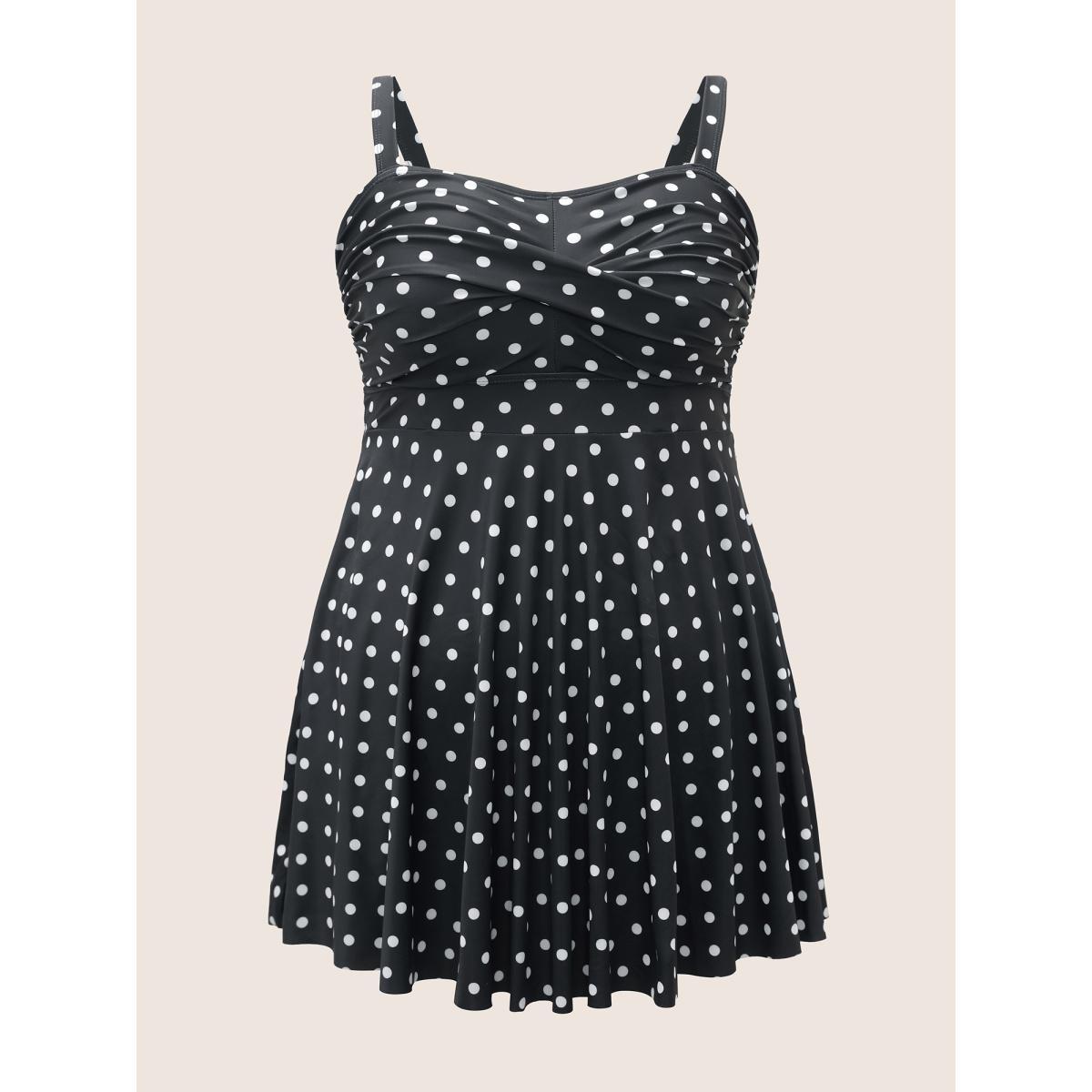 Plus Size Polka Dot Ruched Fit Flare Swim Dress Women's Swimwear Black Beach Bodycon Strapless High stretch Curve Swim Dresses BloomChic 14-16/1X Product Image