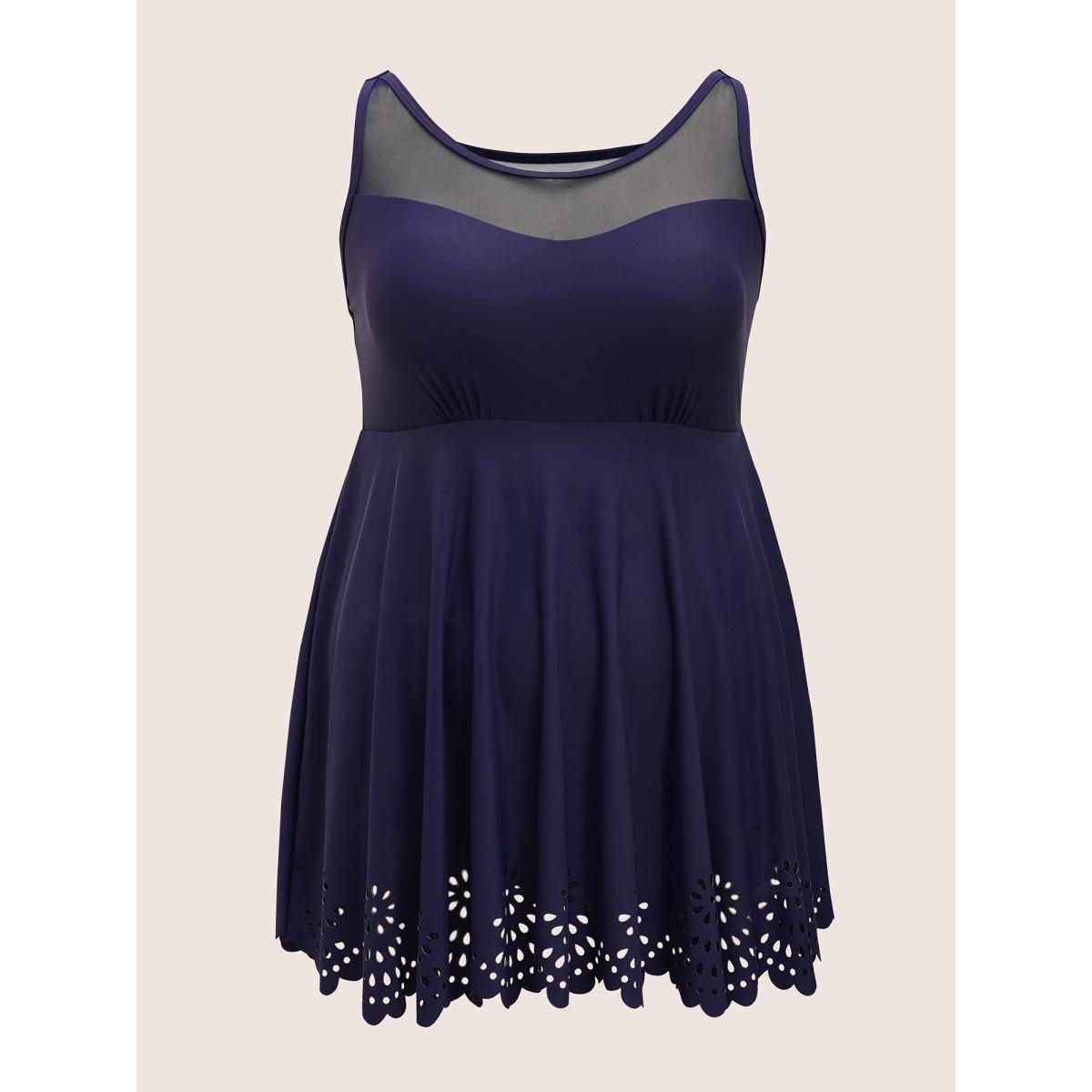 Plus Size Solid Mesh Patchwork Laser Cut Swim Dress Women's Swimwear Indigo Beach Bodycon Round Neck High stretch Curve Swim Dresses BloomChic 14-16/1X Product Image