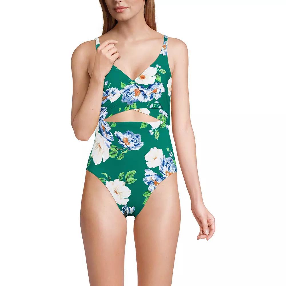 Women's Lands' End Long Wrap Monokini One-Piece High Leg Swimsuit, Size: 14 LONG, Green Petunia Product Image