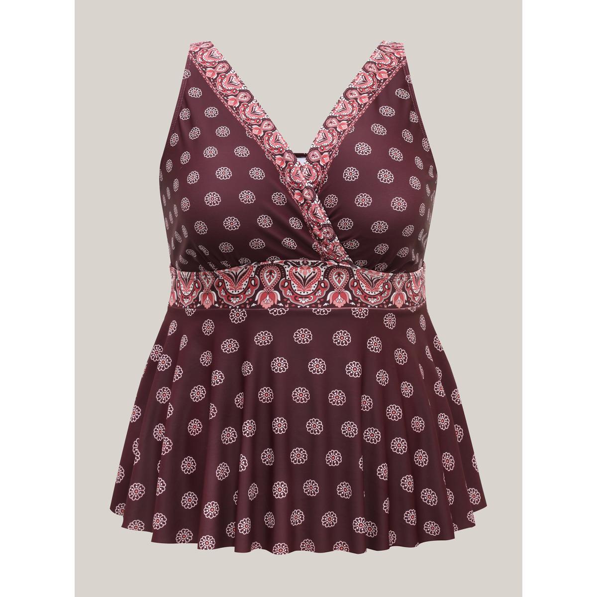 Plus Size Boho Print Surplice Neck Swim Top Women's Swimwear Plum Beach Patchwork High stretch Bodycon Overlap Collar Curve Swim Tops BloomChic 22-24/3X Product Image