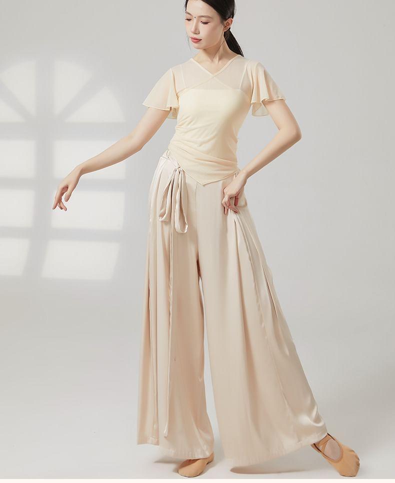 Short-Sleeve V-Neck Plain Asymmetrical Mesh Dance Top Product Image