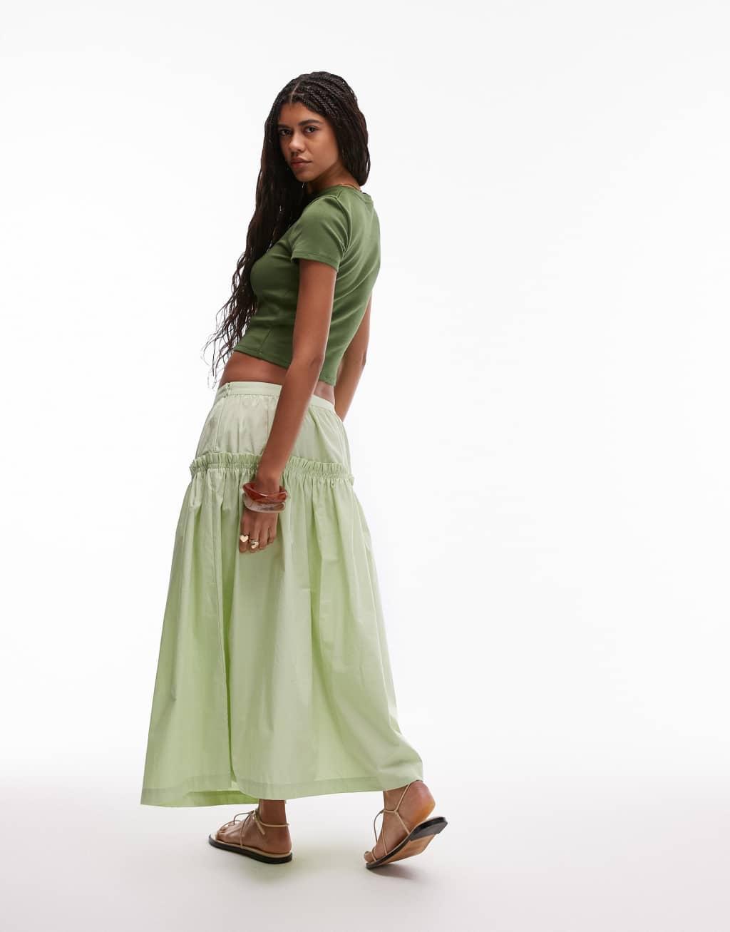Topshop frill poplin full skirt in green Product Image