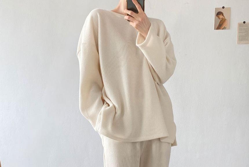 Set: Long-Sleeve Plain Loose-Fit Top + Elastic Waist Plain Pants Product Image