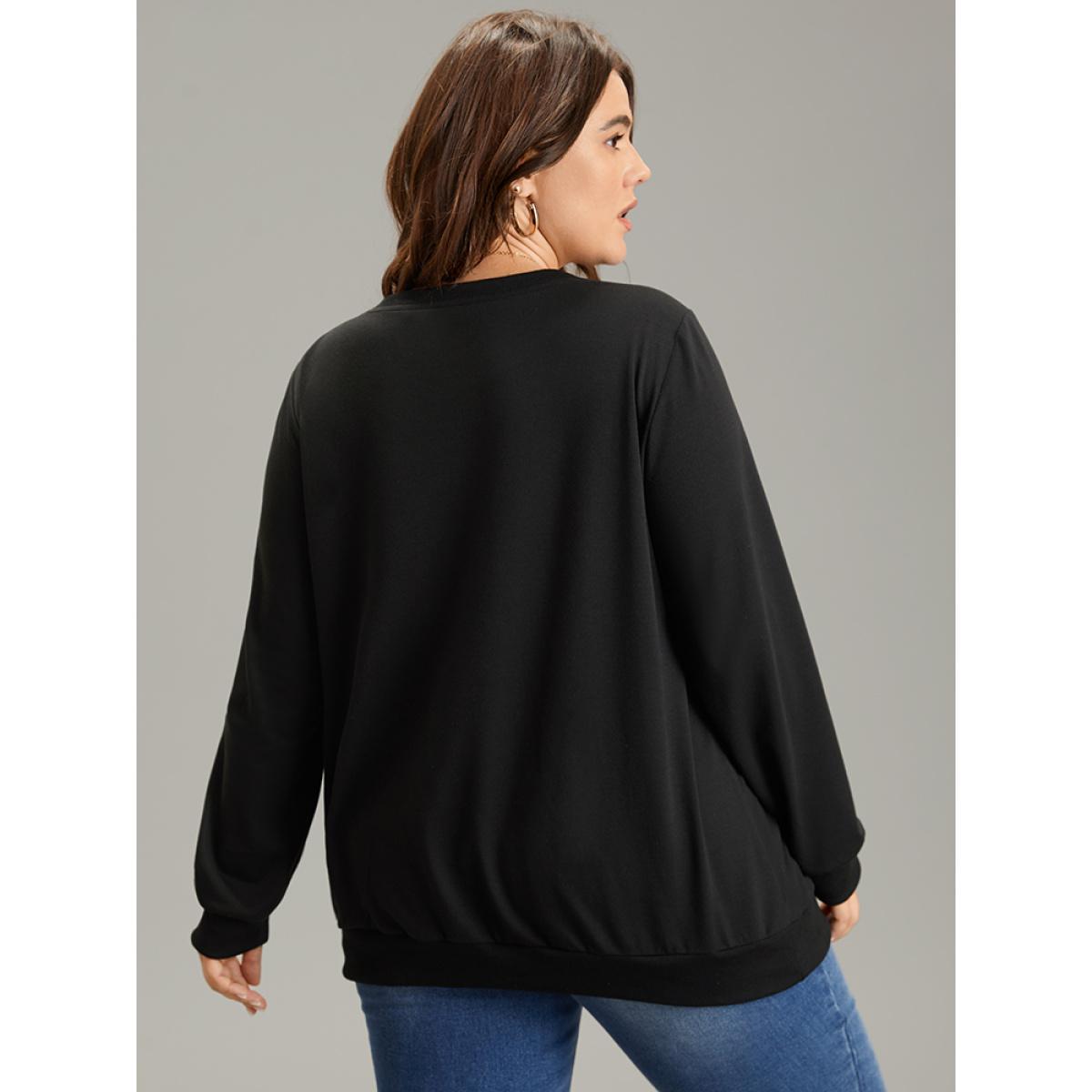 Plus Size Horoscope Print Rib Knit Round Neck Sweatshirt Women Black Casual Rib Knit Dailywear Sweatshirts BloomChic 14-16/1X Product Image