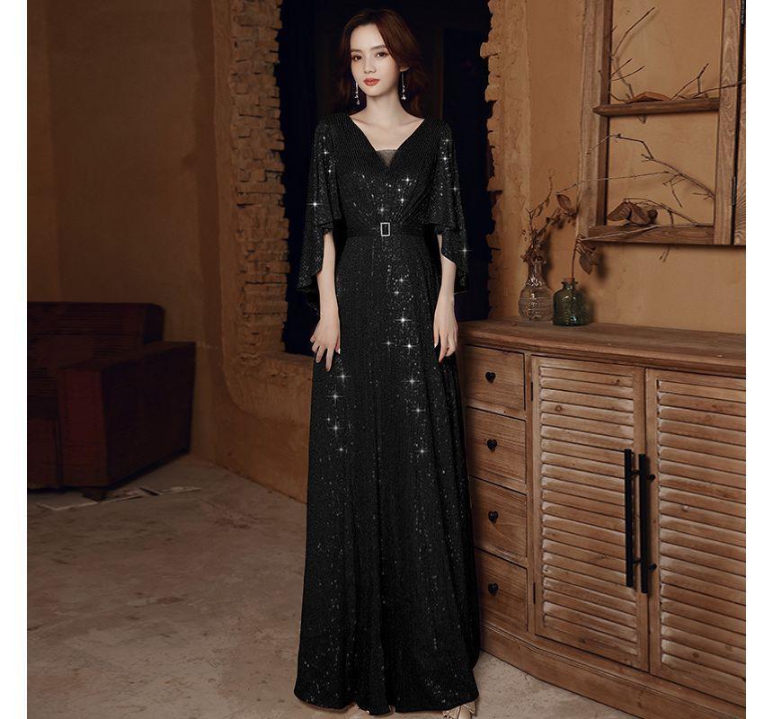 Elbow-Sleeve V-Neck Sequined Belted A-Line Evening Gown Product Image