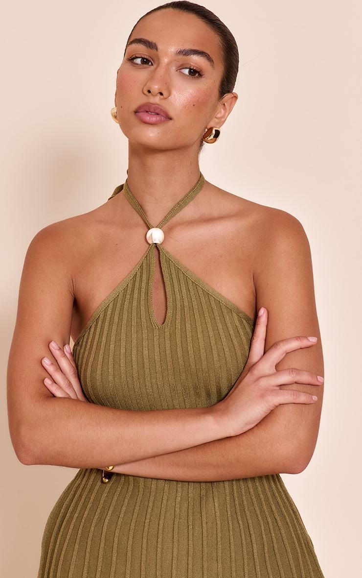 Olive Halterneck Bead Detail Knit Top Product Image