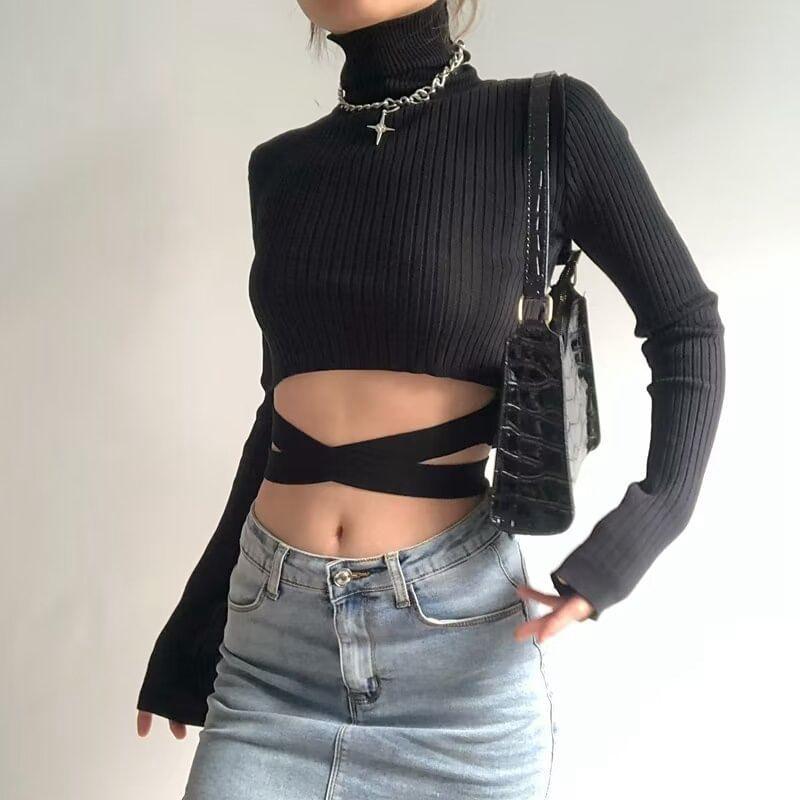 Long-Sleeve Turtleneck Plain Ribbed Crop Knit Top Product Image