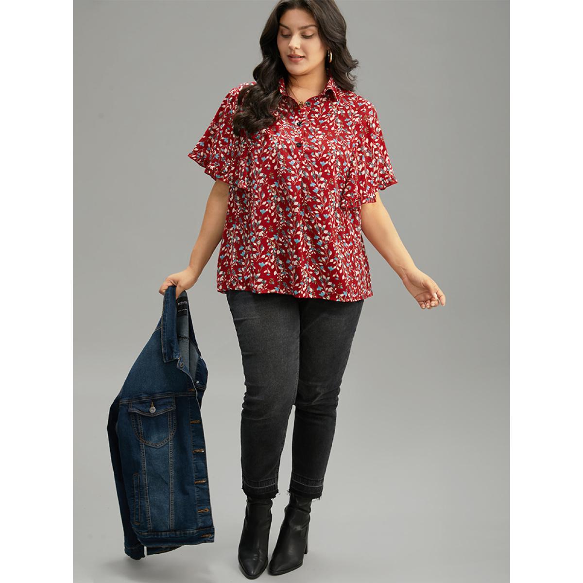Plus Size Maroon Ditsy Floral Shirt Collar Button Through Ruffle Sleeve Blouse Women Elegant Short sleeve Shirt collar Dailywear Blouses BloomChic 14-16/1X Product Image