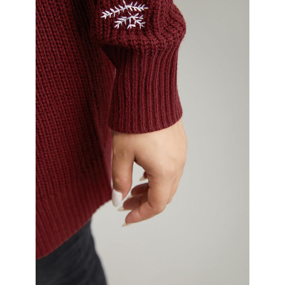 Plus Size Plants Embroidered Plisse Elastic Cuffs Pullover Scarlet Women Casual Loose Long Sleeve V-neck Everyday Pullovers BloomChic 18-20/2X Product Image