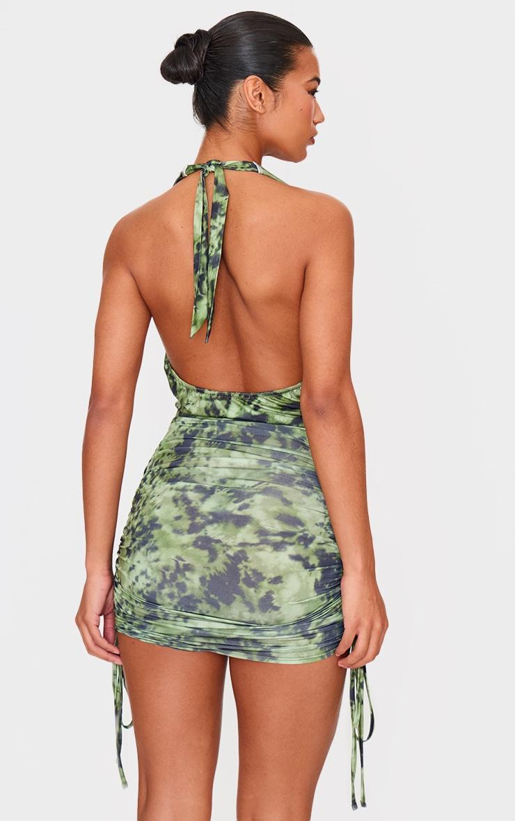 Green Abstract Printed Slinky Cowl Neck Ruched Side Mini Dress Product Image