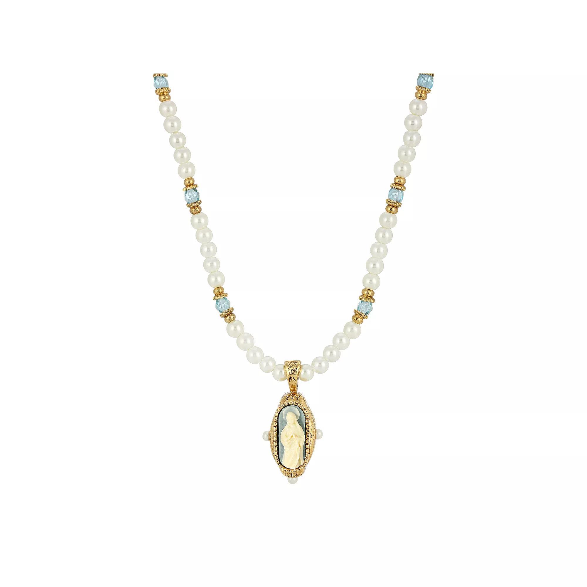 Symbols of Faith Pearl and Aqua Beaded Necklace with Blue Mary Cameo, Womens Product Image