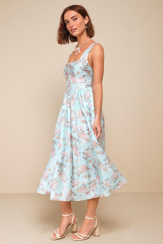 Darling Adoration Light Blue Floral Midi Dress With Pockets Product Image