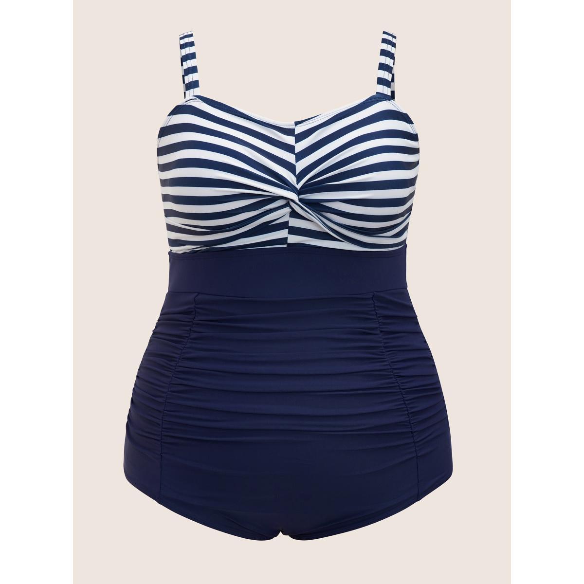 Plus Size Striped Patchwork Twist Front One Piece Swimsuit Women's Swimwear Indigo Beach Twist Curve Bathing Suits High stretch One Pieces BloomChic 14-16/1X Product Image