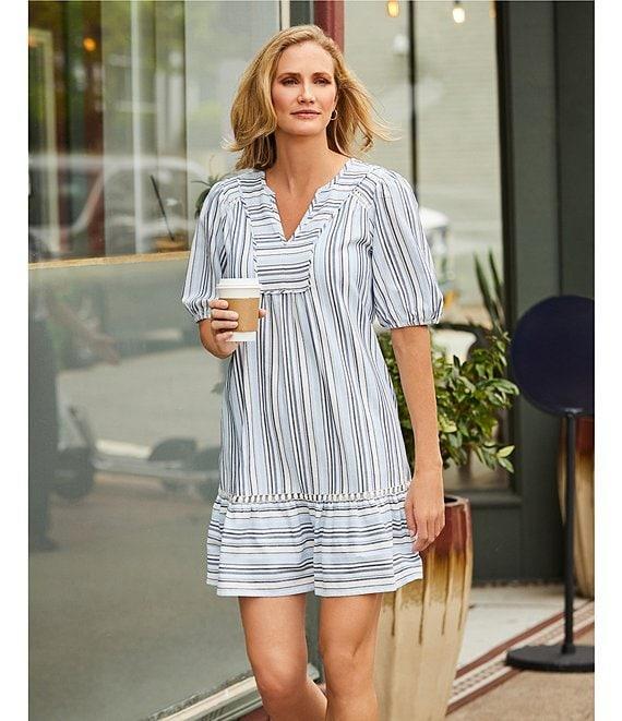 Nurture Petite Size Stripe Elbow Sleeve V-Neck Short A-Line Dress Product Image