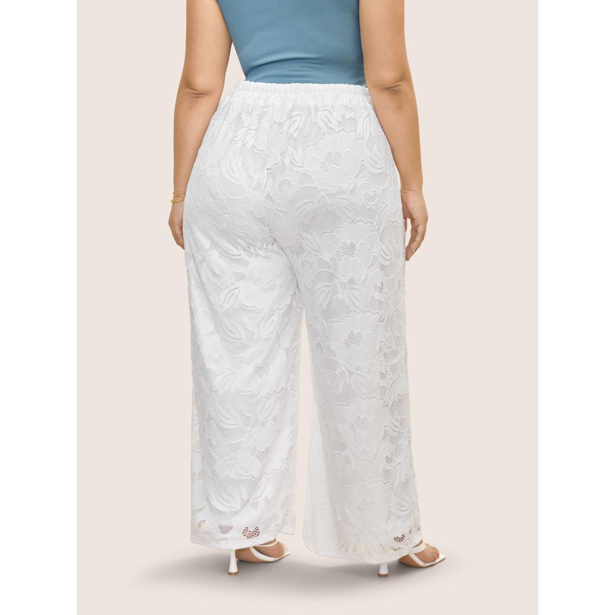 Plus Size Crochet Lace Mesh Wide Leg Pants Women WhiteSmoke Resort Wide Leg Mid Rise Vacation Pants BloomChic 22-24/3X Product Image