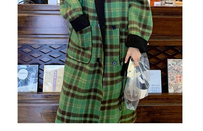 Lapel Collar Plaid Reversible Fleece-Lined Double-Breasted Long Coat Product Image