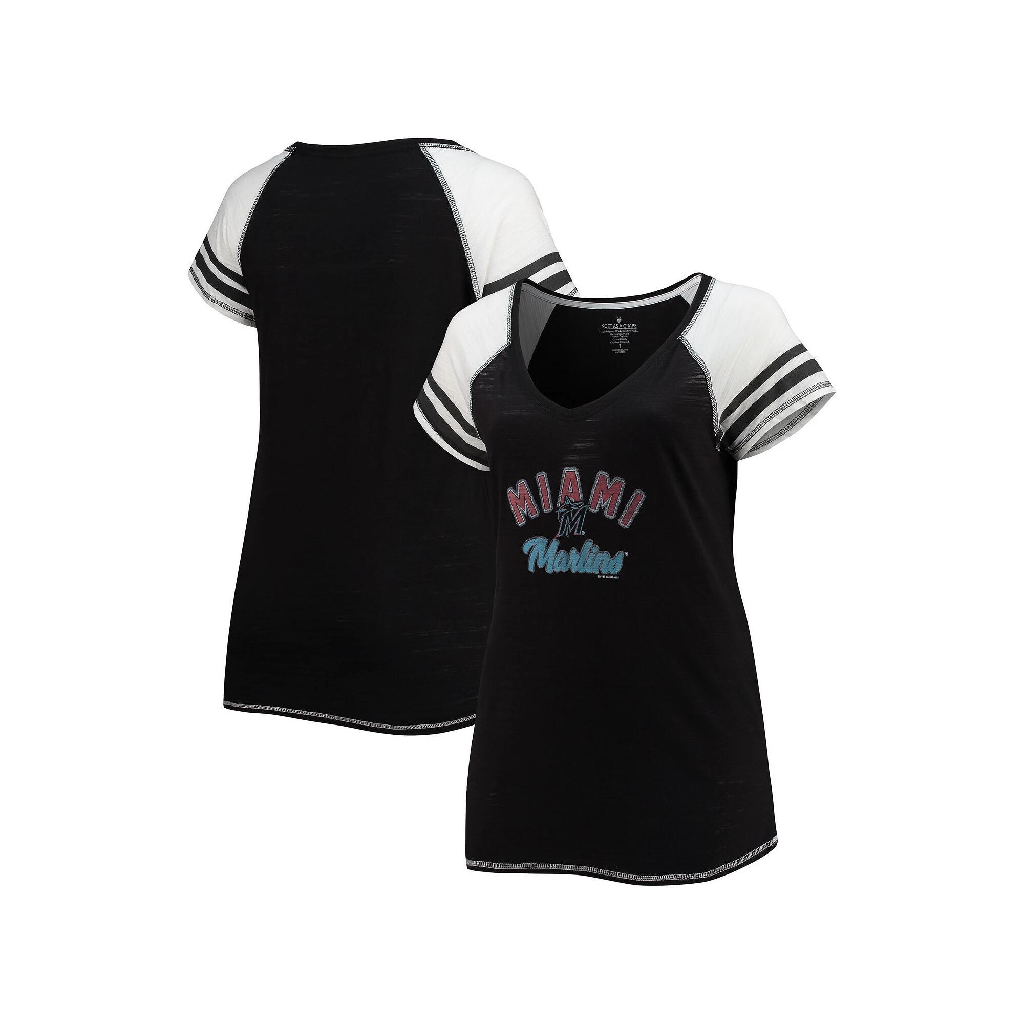 Women's Soft as a Grape Black Miami Marlins Curvy Colorblock Tri-Blend Raglan V-Neck T-Shirt, Size: 2XL Product Image