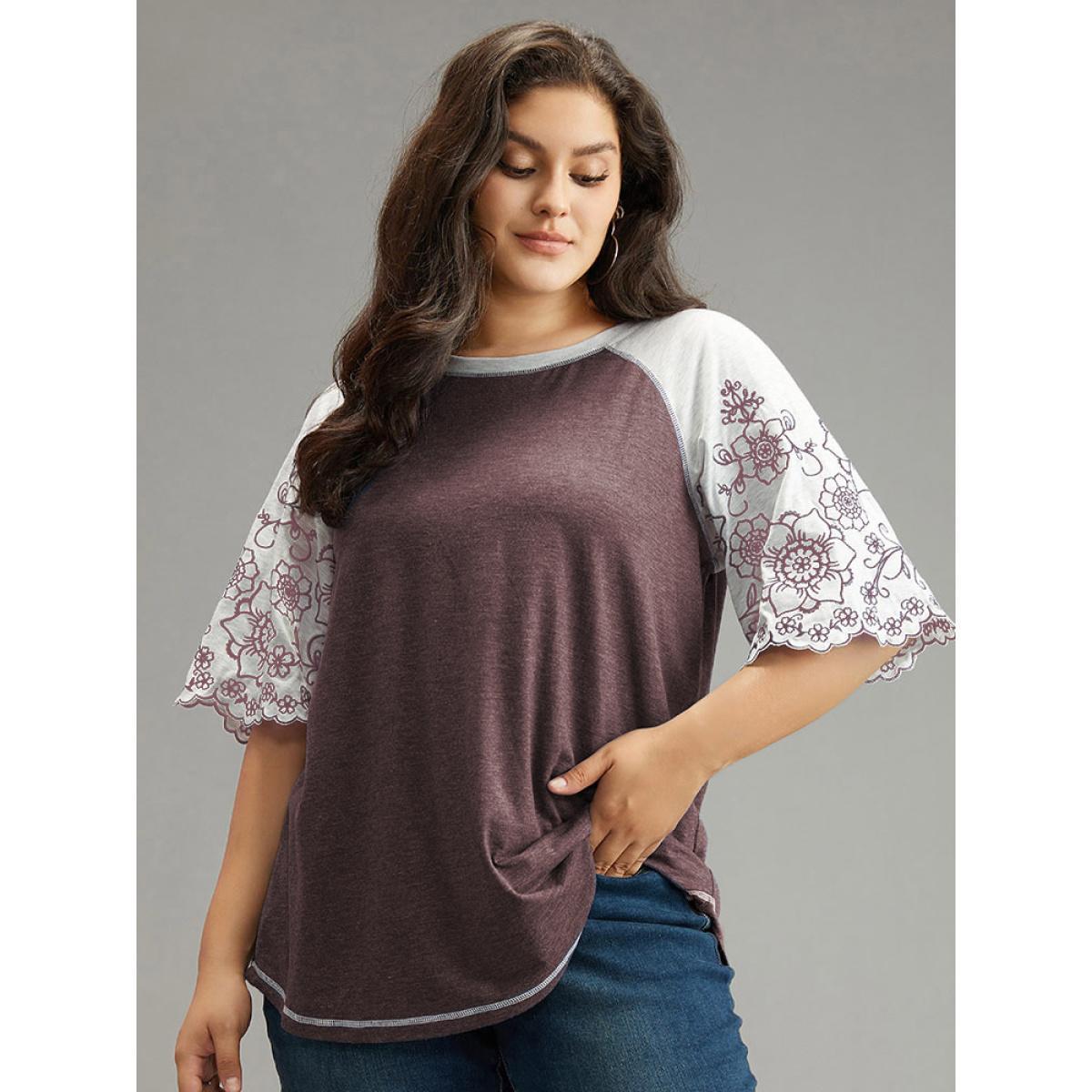 Plus Size Contrast Embroidered Scalloped Trim T-shirt Red Women Elegant Contrast Silhouette Floral Print Round Neck Dailywear T-shirts BloomChic 14-16/1X Product Image