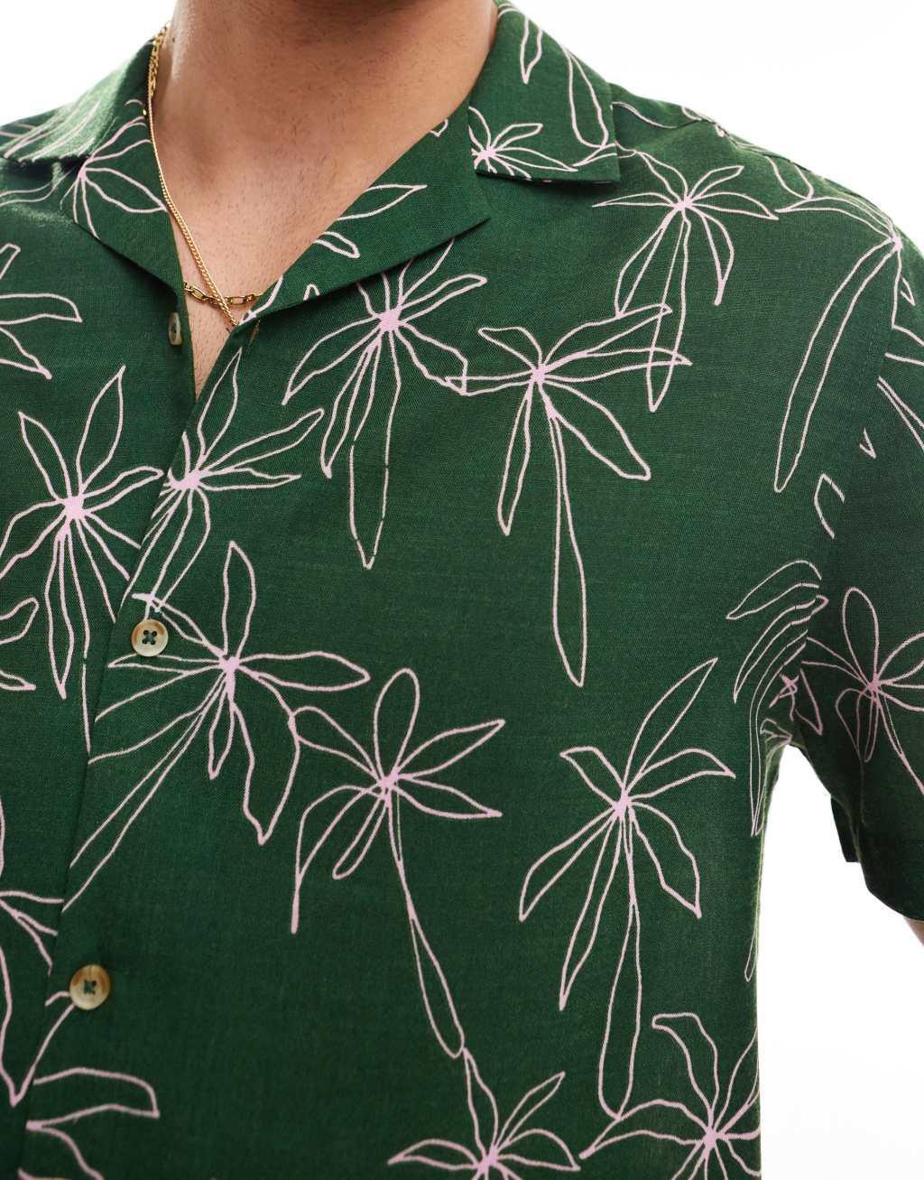 ASOS DESIGN relaxed revere beachy shirt in doodle palm tree print in green - part of a set  Product Image