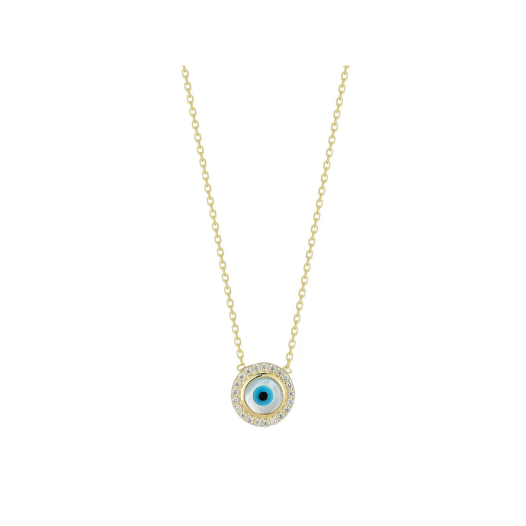 Sunkissed Sterling Mother-of-Pearl Evil Eye Cubic Zirconia Halo Necklace, Women's, Gold Tone Product Image