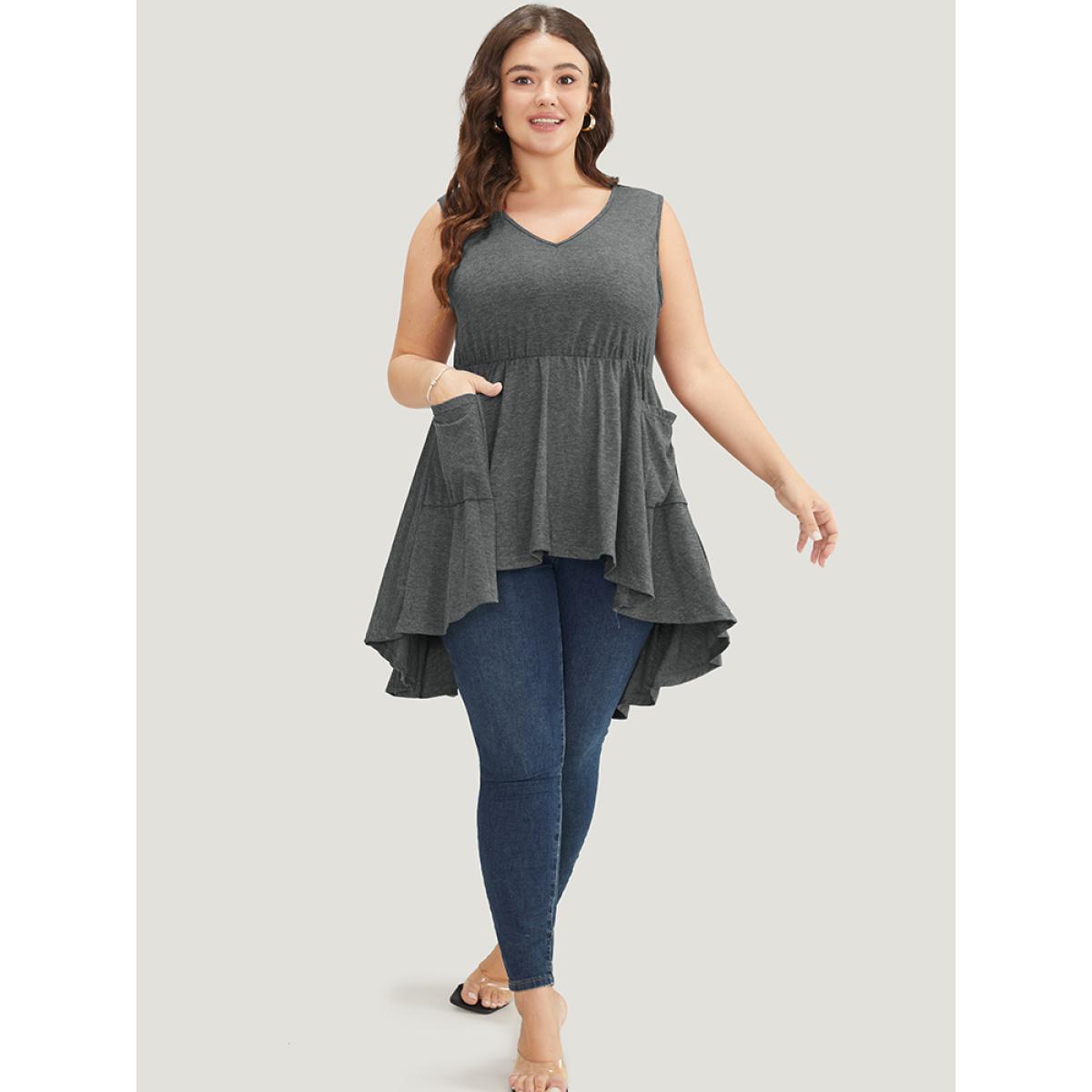 Plus Size Plain Ruffle Pocket High Low Hem Tank Top Women DarkGray Elegant Ruffles V-neck Dailywear Tank Tops Camis BloomChic 12/L Product Image