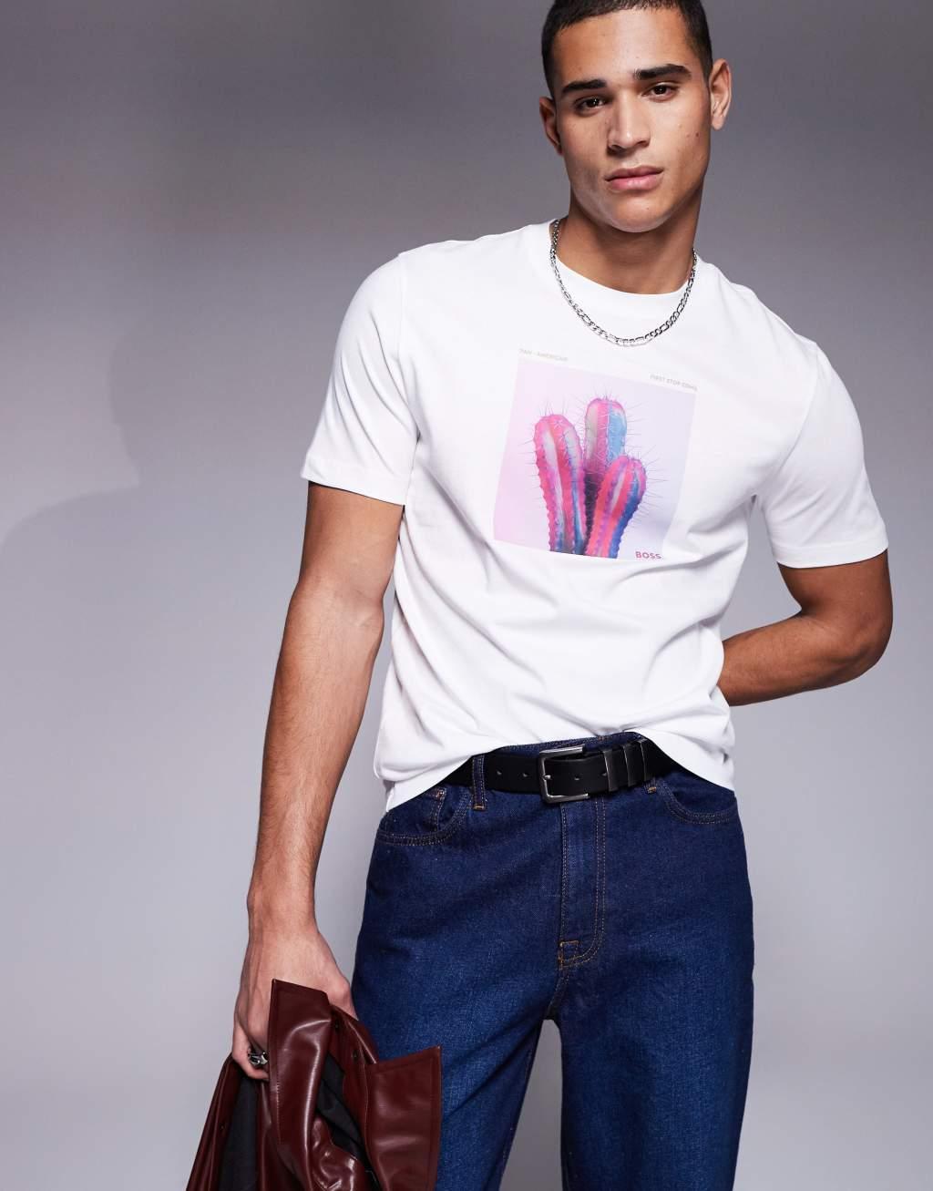 BOSS Orange Te_mextour cactus logo print t-shirt regular fit in white Product Image