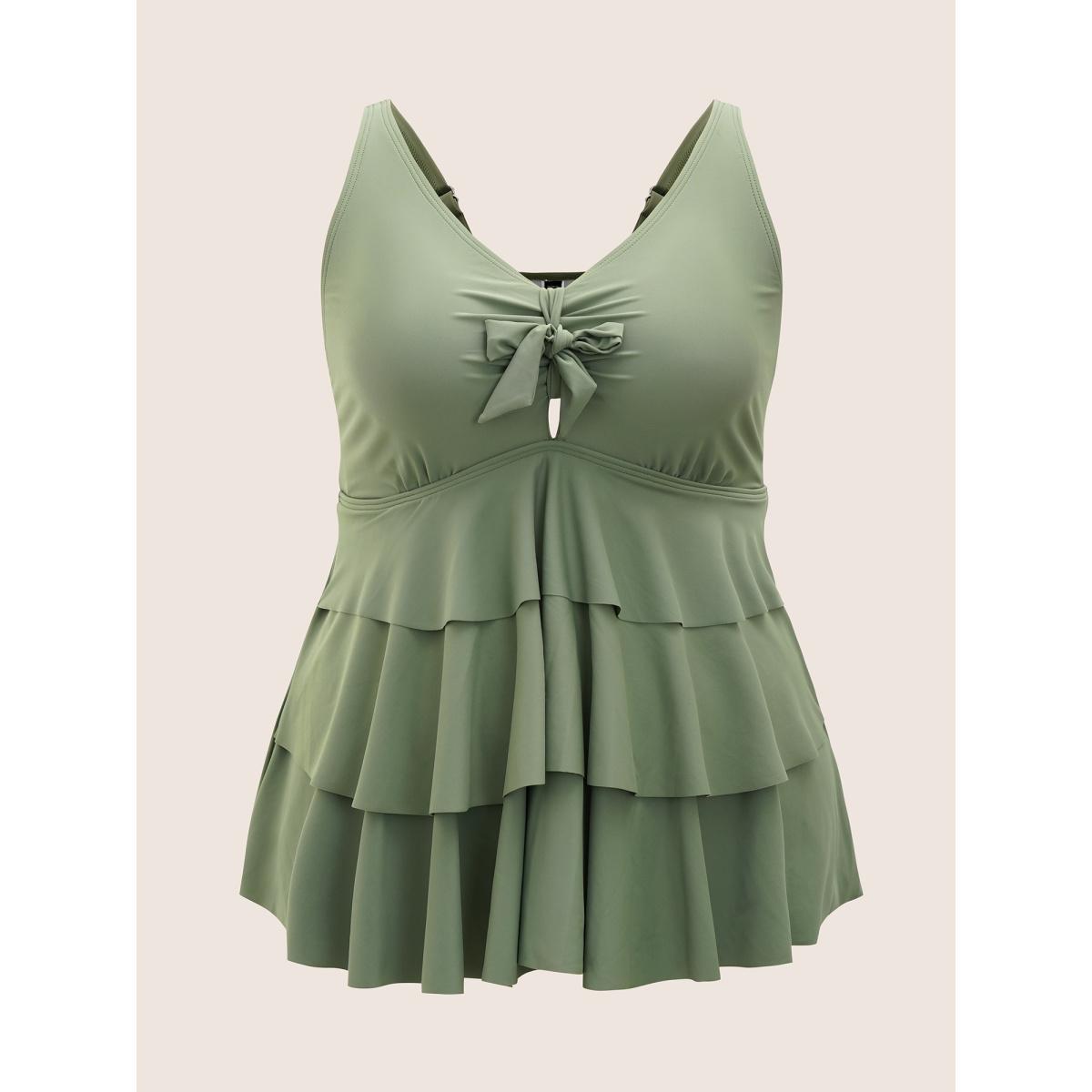 Plus Size Knotted Front Ruffle Tiered Tankini Top Women's Swimwear ArmyGreen Beach Ruffles High stretch Bodycon V-neck Curve Swim Tops BloomChic 12/L Product Image