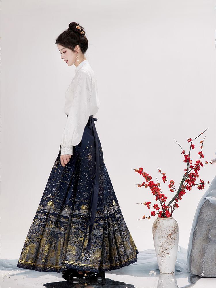 Puff-Sleeve Floral Jacquard Hanfu Top / High Waist Printed Pleated Midi Ma Mian Skirt / Set Product Image