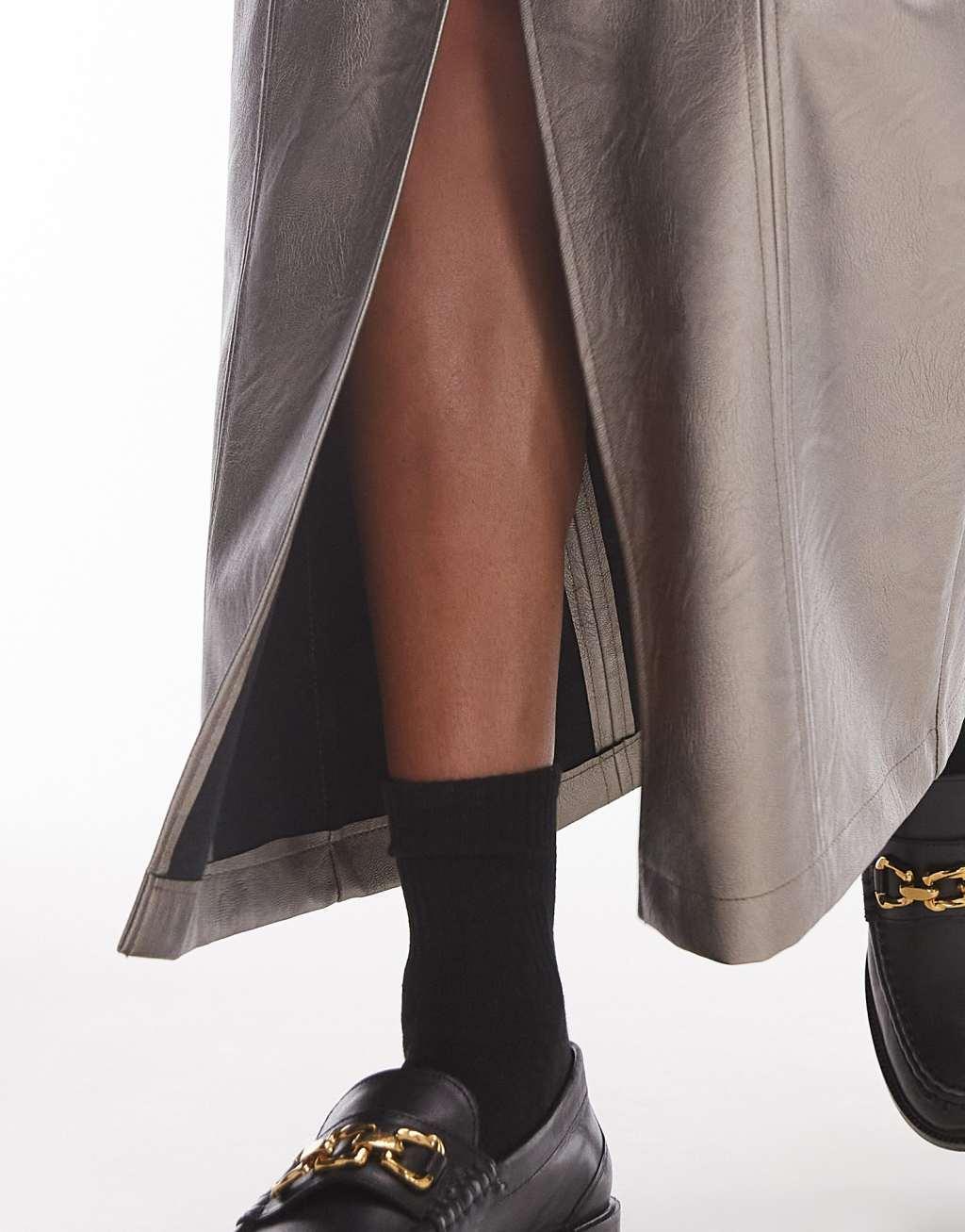 Topshop faux leather split midi skirt in gunmetal Product Image