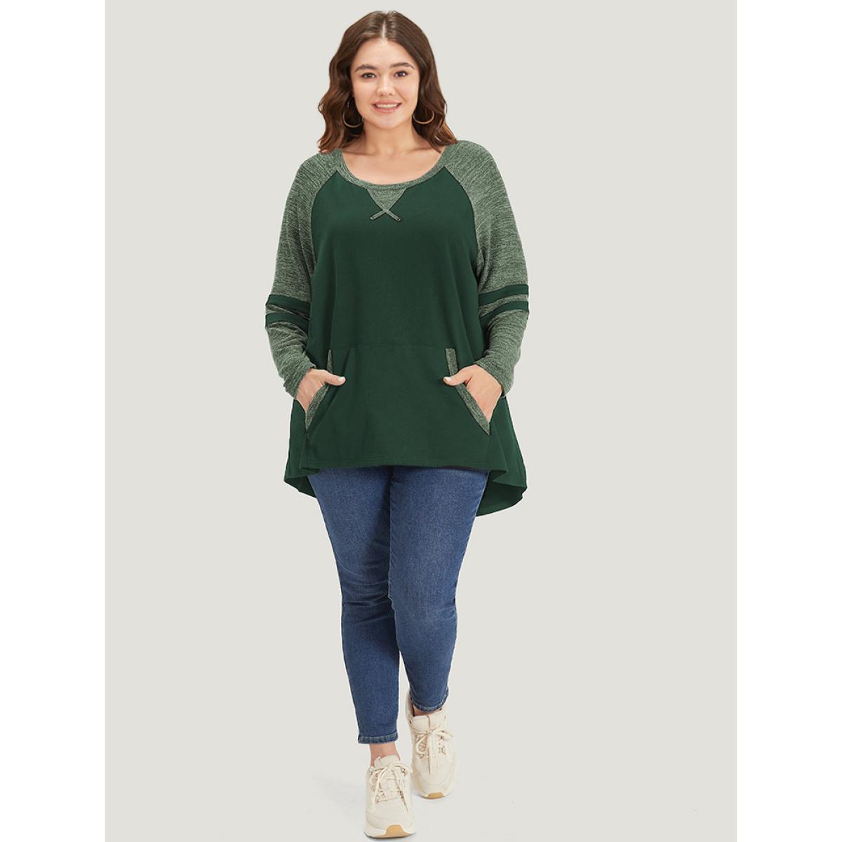 Plus Size Striped Contrast Pocket Raglan Sleeve High Low Hem Sweatshirt Women Indigo Casual Contrast Round Neck Everyday Sweatshirts BloomChic 22-24/3X Product Image