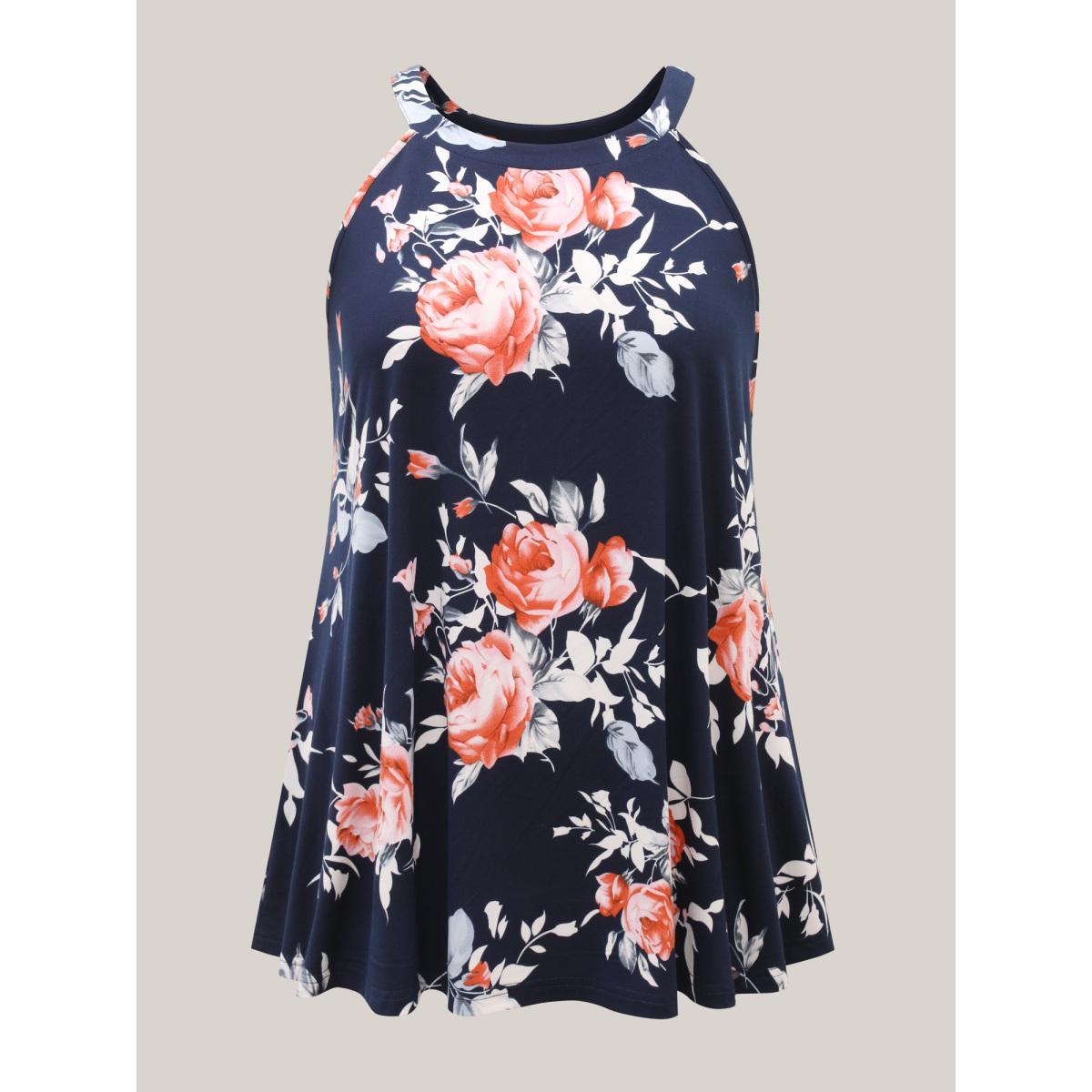 Plus Size Rosy Print Halter Neck Top Women Indigo Elegant Contrast Round Neck Everyday Tank Tops Camis BloomChic 28/5X Product Image